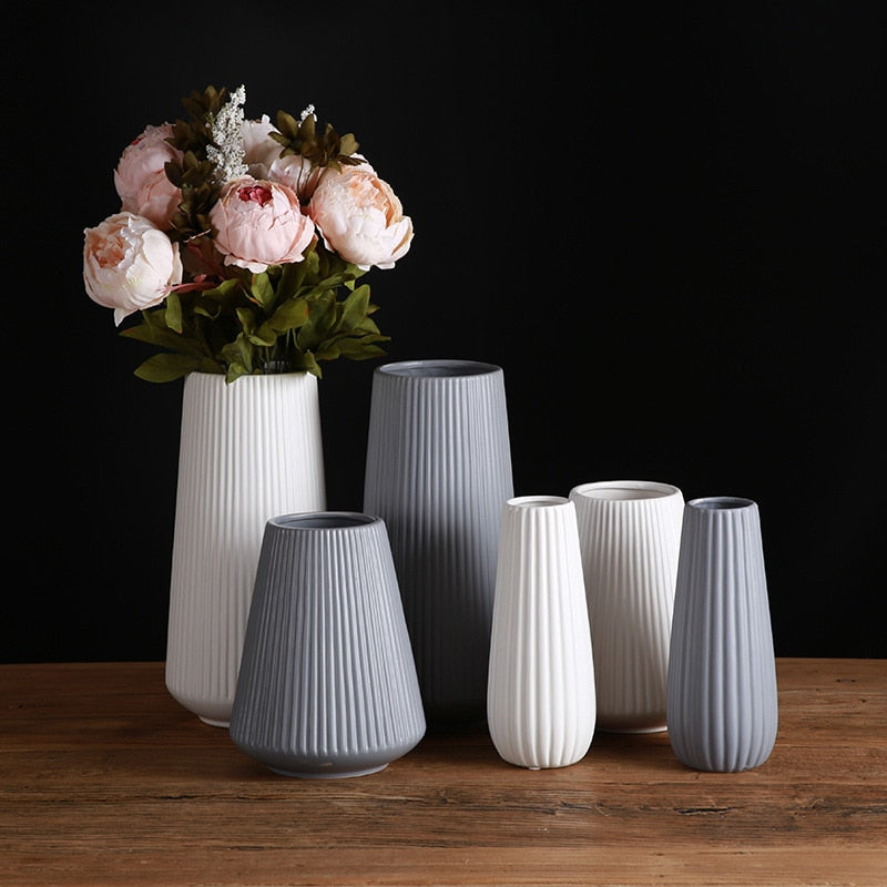 Pinstripe Ceramic Vase in White